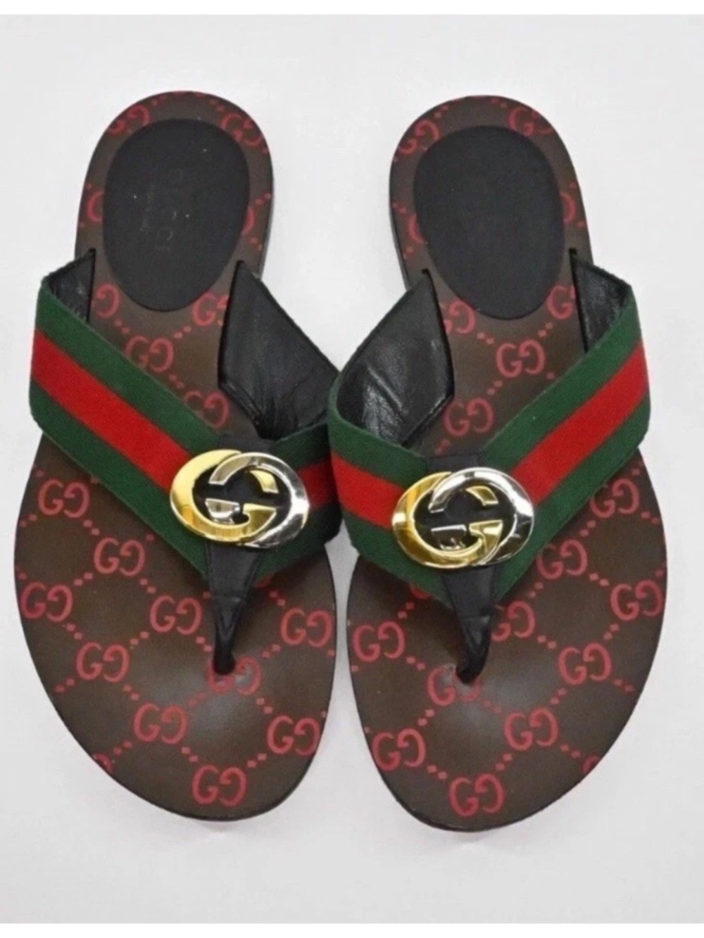 Gucci Interlocking GG Logo Thong Sandals  Flat Gold Silver 38 1/2